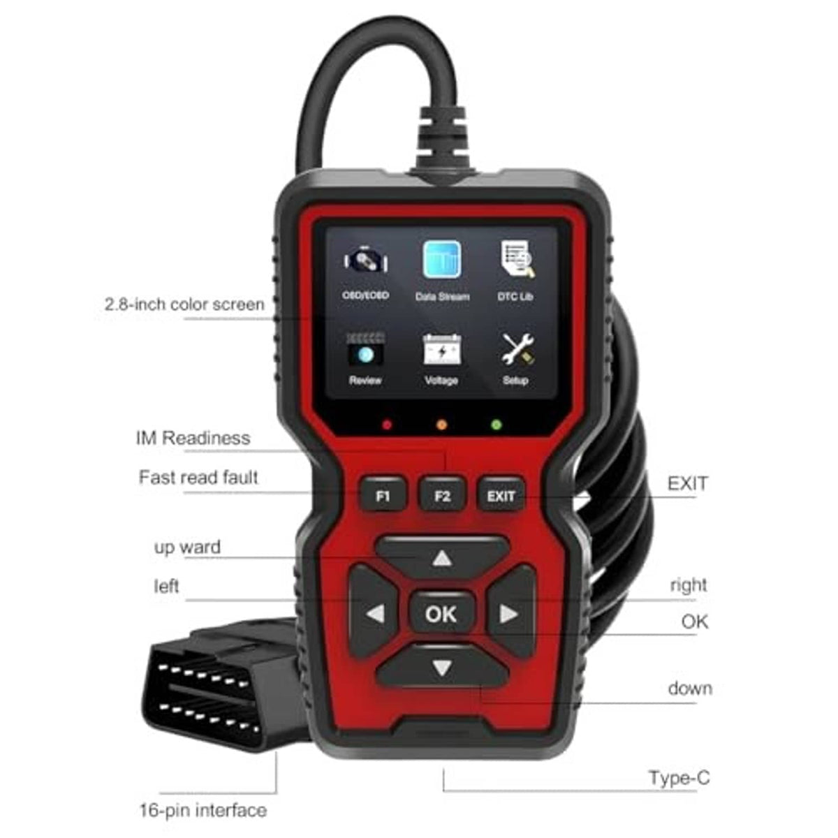 Red and black OBD2 scanner showing Type-C cable and 16-pin OBD interface.