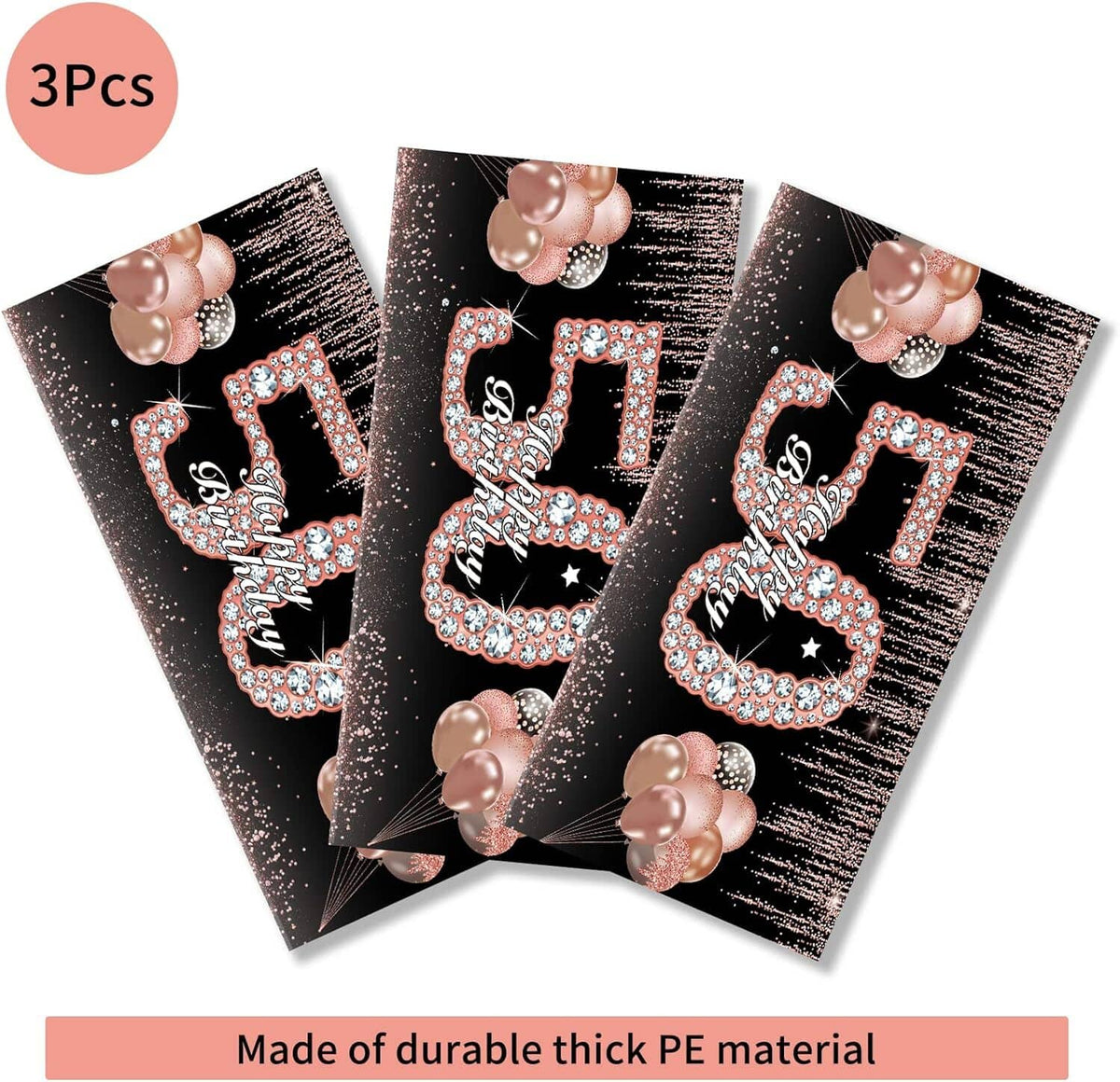 Three-piece black tablecloth set with large “Happy Birthday 50” numbers and rose-gold balloons