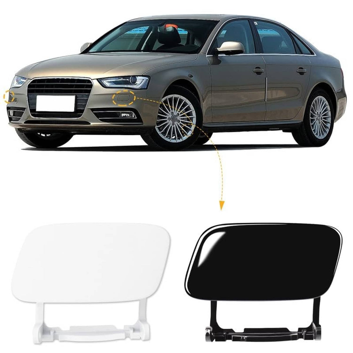 Headlight washer cover set for left driver side, white and black covers with clips