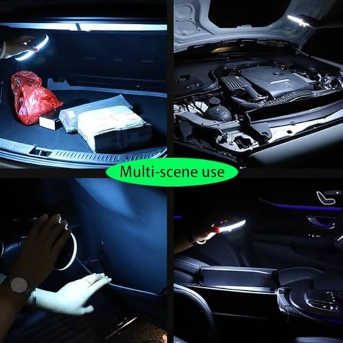 Rechargeable LED car light used in multiple vehicle spots, blue illumination shown