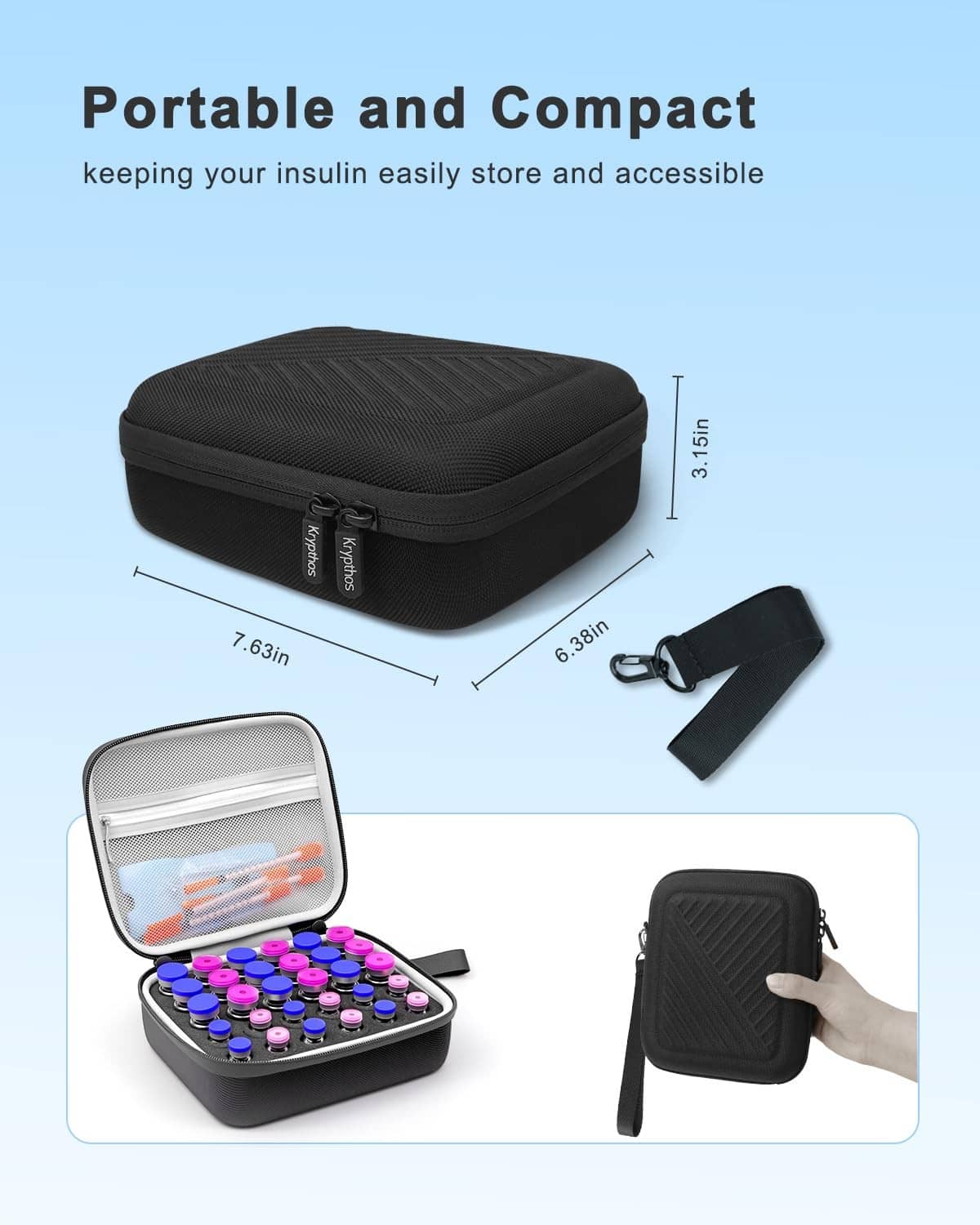 Black compact insulin vial protector case with zip closure and carrying strap