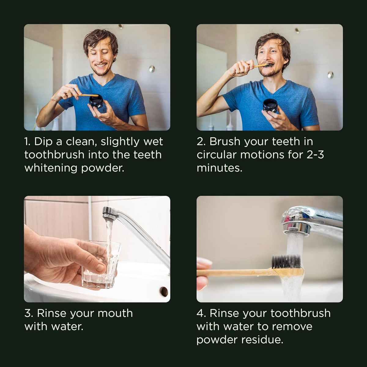 Illustrated steps for using whitening powder with a toothbrush and water rinse