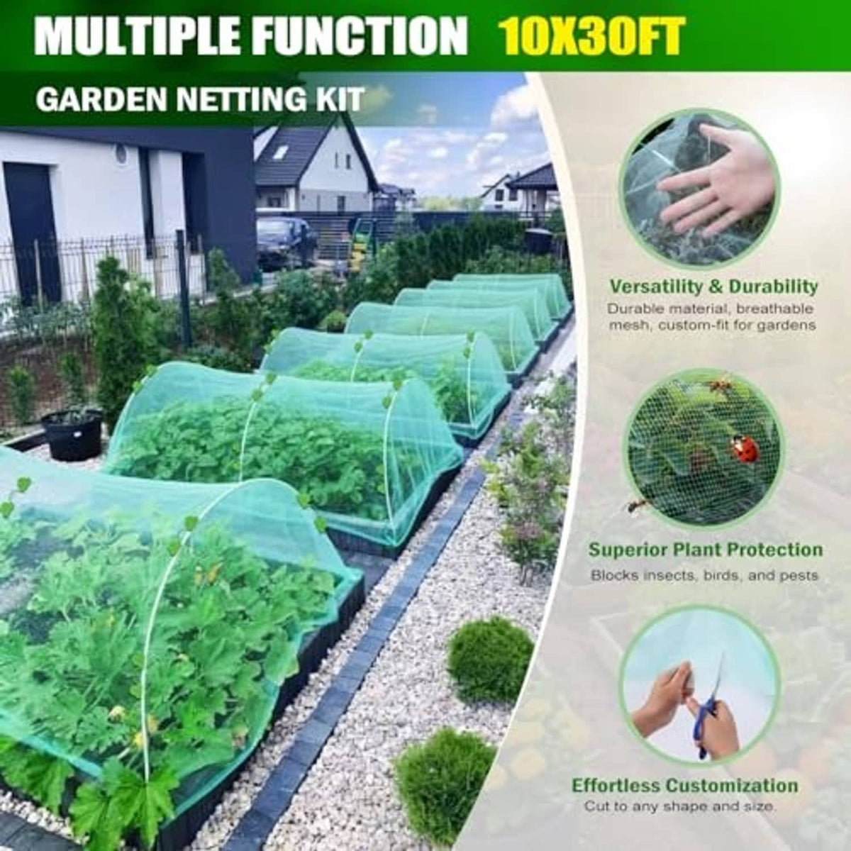 Green mesh cover stretched over raised garden beds on curved hoop frame