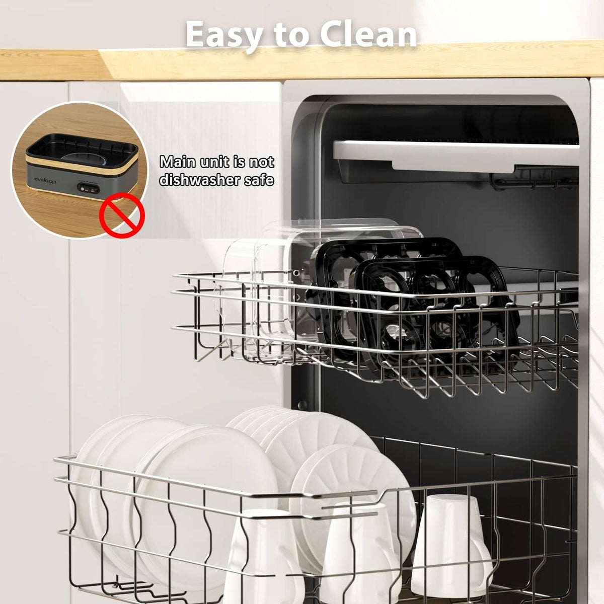 Dishwasher-safe electric egg cooker main unit on open dishwasher rack