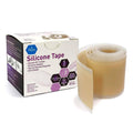 Beige silicone wound tape roll with backing strip, shown next to product box