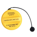 Yellow fuel tank filler cap with black tether cord and cap-face text