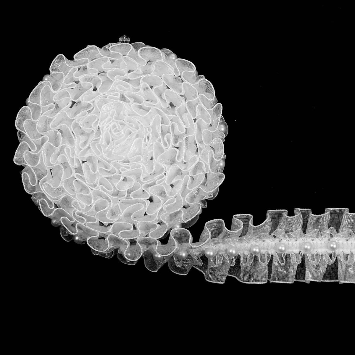Complete view of white pearl lace ribbon trim with ruffled mesh and bead row