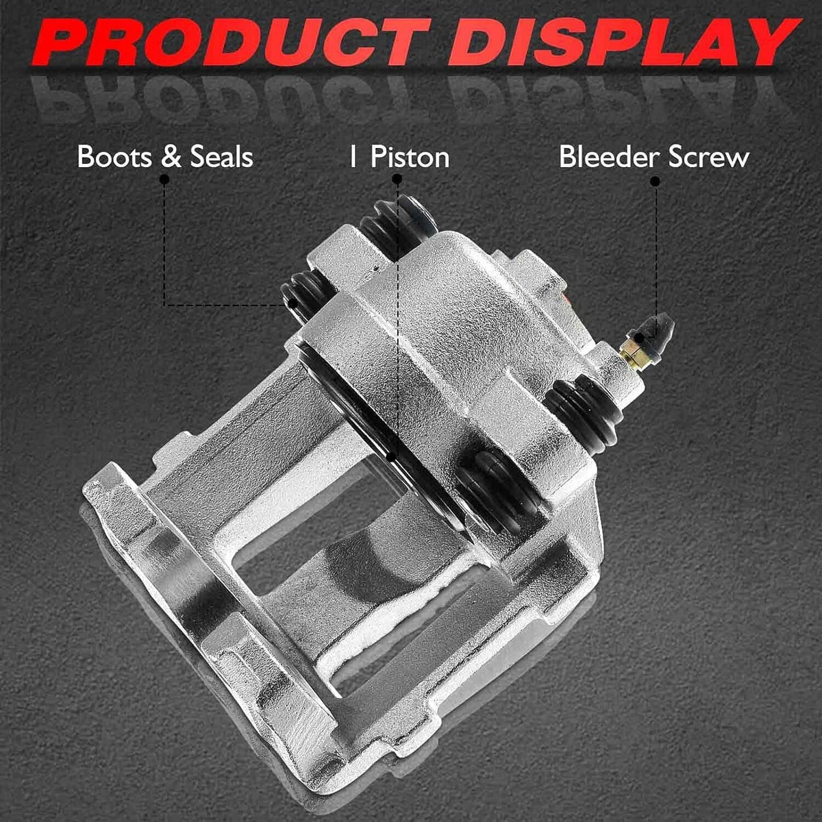 Front brake caliper side view with boots, piston seal opening, and mounting bracket