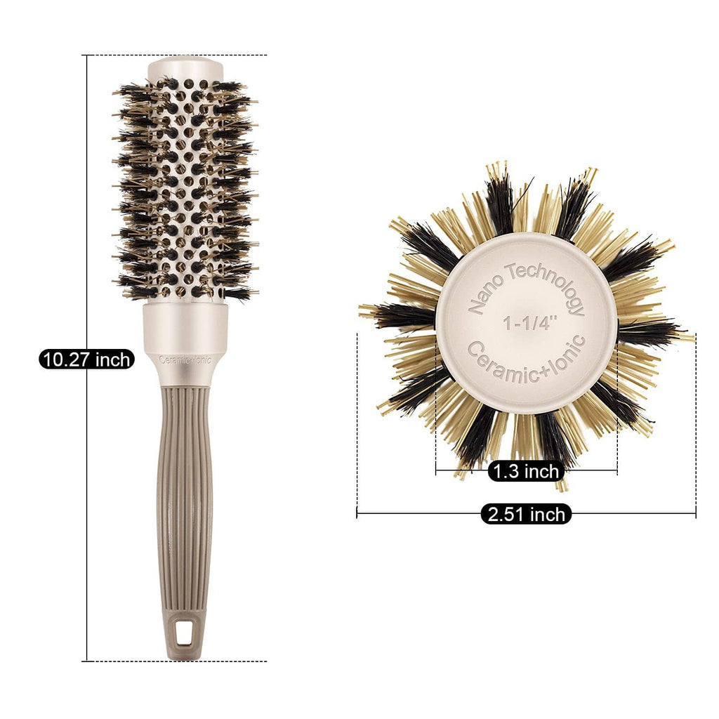 Round barrel hair brush with vented bristles; beige ribbed handle and thumb-rest opening