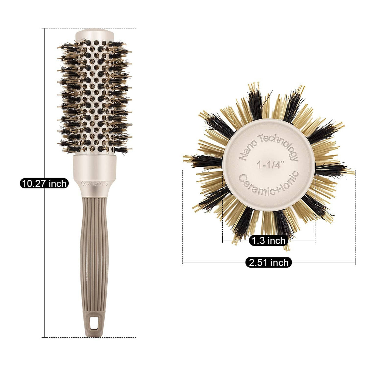 Round barrel hair brush with vented bristles; beige ribbed handle and thumb-rest opening