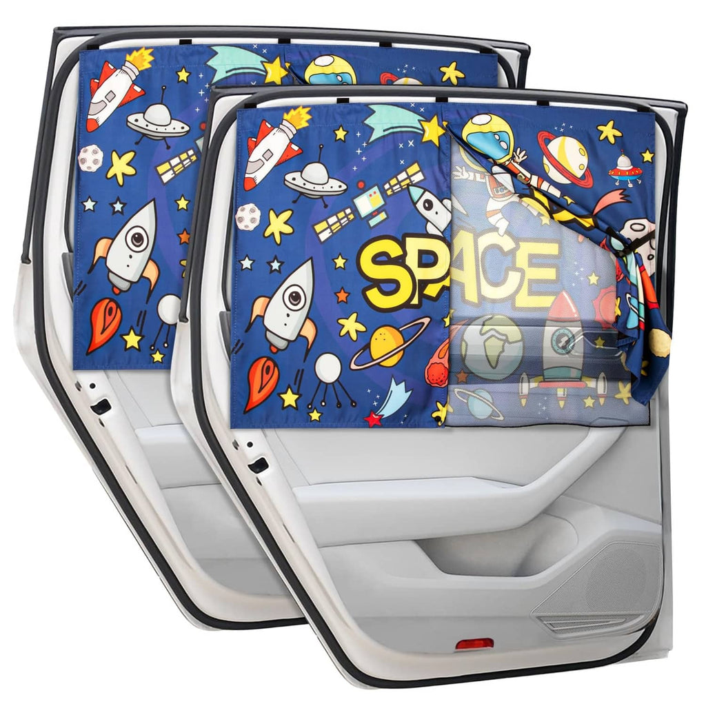 Blue space-themed magnetic double-layer car window shades set of 2, folded