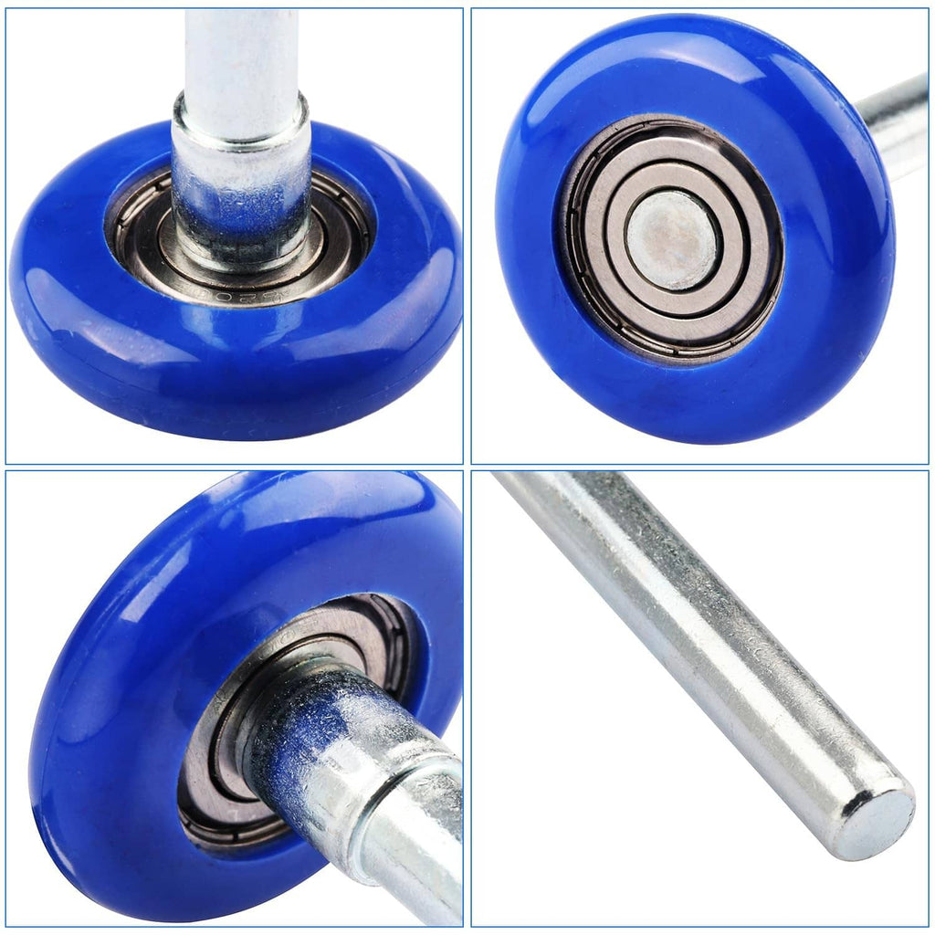 Blue roller wheels with sealed bearings on silver stems, close-up details