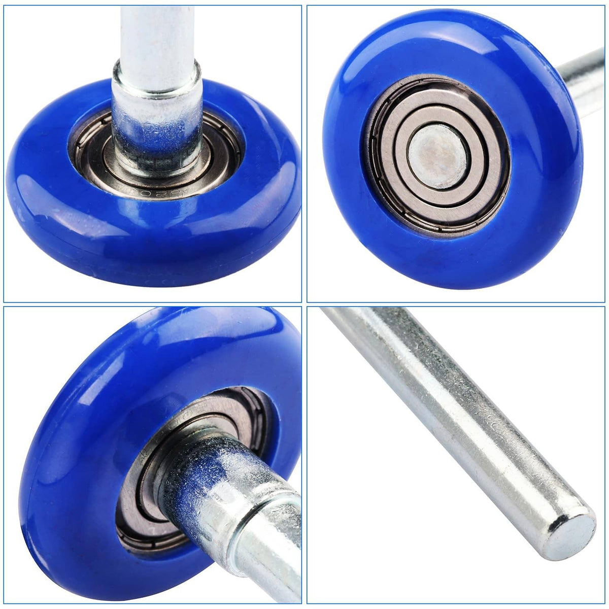 Blue roller wheels with sealed bearings on silver stems, close-up details