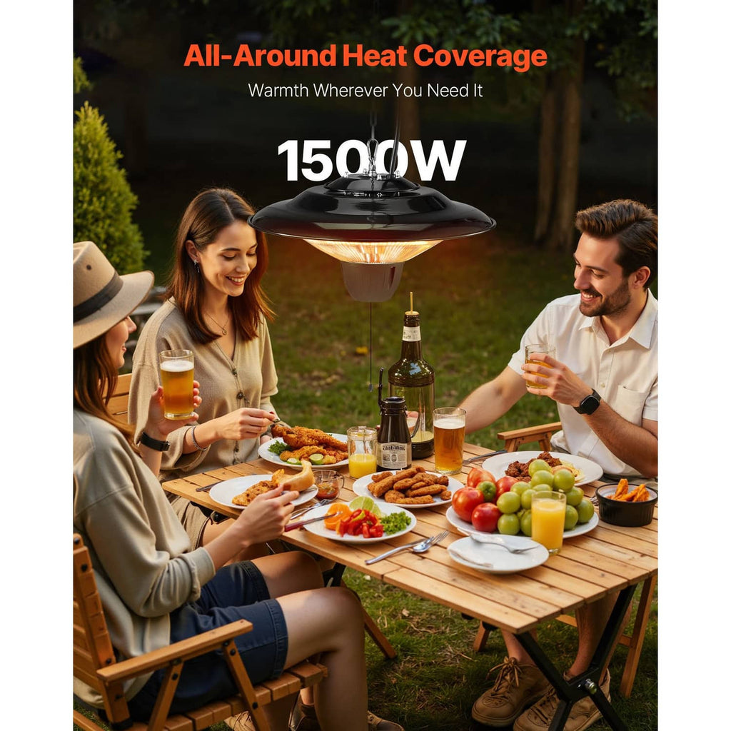 Outdoor patio infrared heater hanging over a dining table with warm orange glow