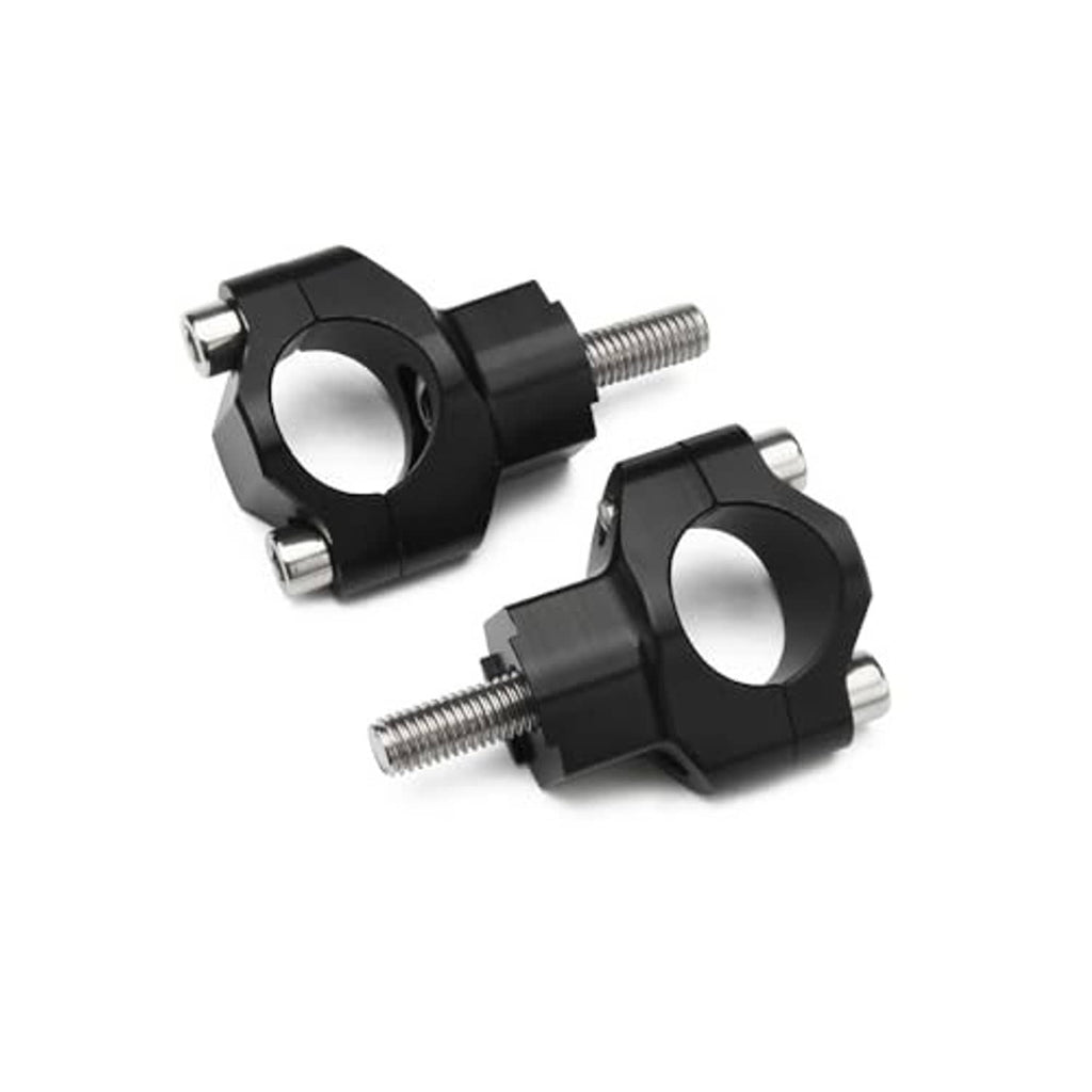 Black CNC motorcycle handlebar mount clamps with round bar opening and bolts