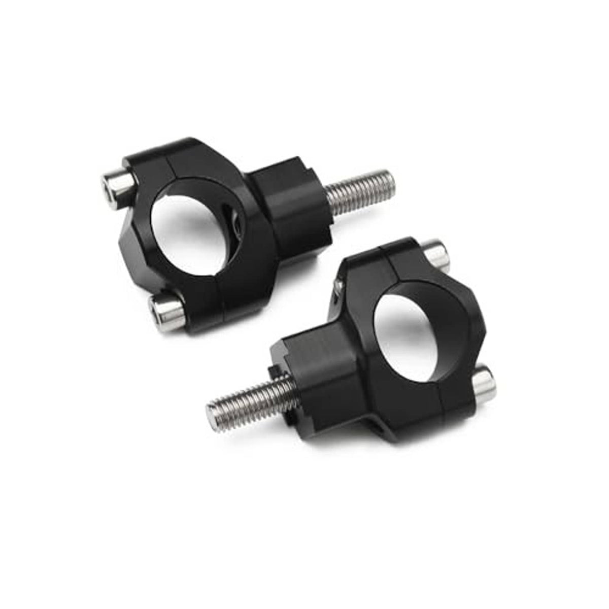 Black CNC motorcycle handlebar mount clamps with round bar opening and bolts