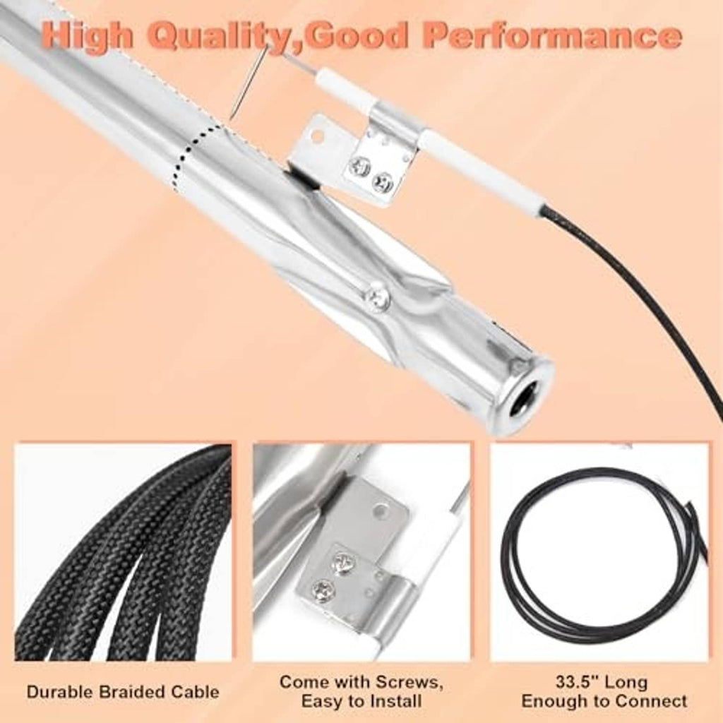 Gas grill burner with braided cable and black ignition wire plus mounting screws