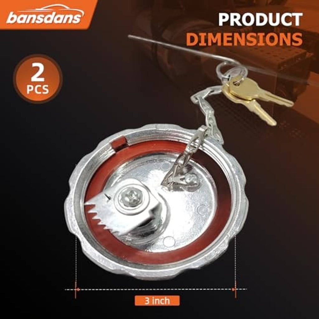 Diesel fuel tank cap with red sealing ring, chain and keys, silver metal cover
