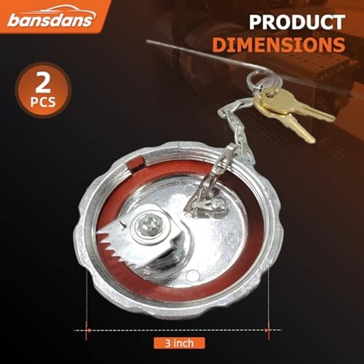Diesel fuel tank cap with red sealing ring, chain and keys, silver metal cover