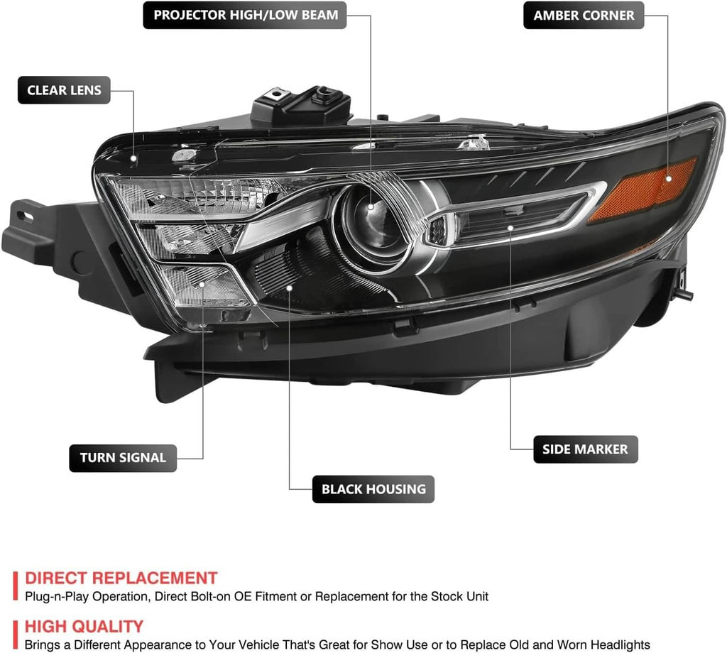 Projector headlight with black housing, amber corner, clear lenses, and side marker