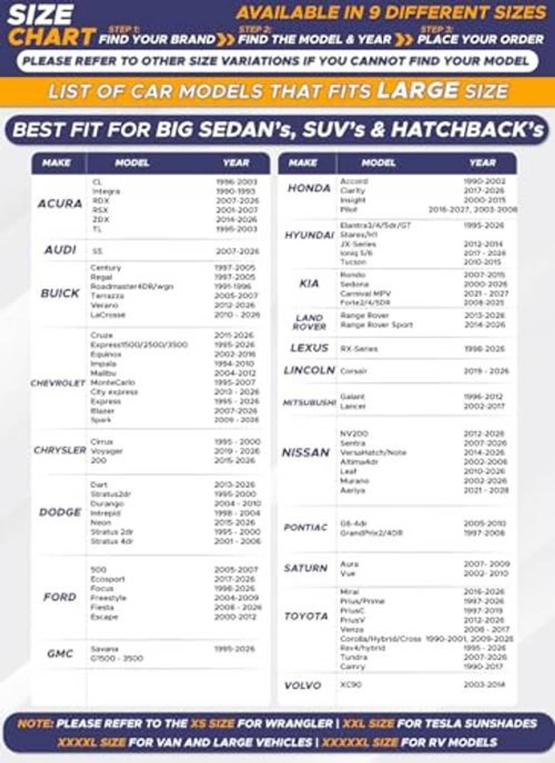 Car windshield sun shade size chart showing recommended makes, models, and model years