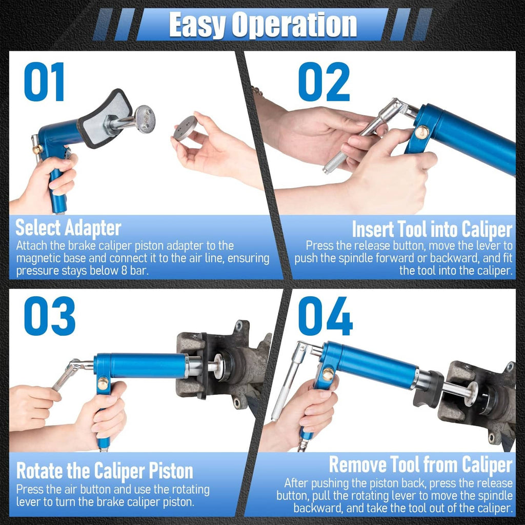 Using blue pneumatic brake caliper piston tool with adapter selection and caliper insertion