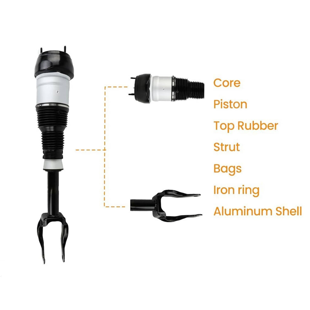 Front air suspension strut parts diagram with top rubber cap and aluminum shell