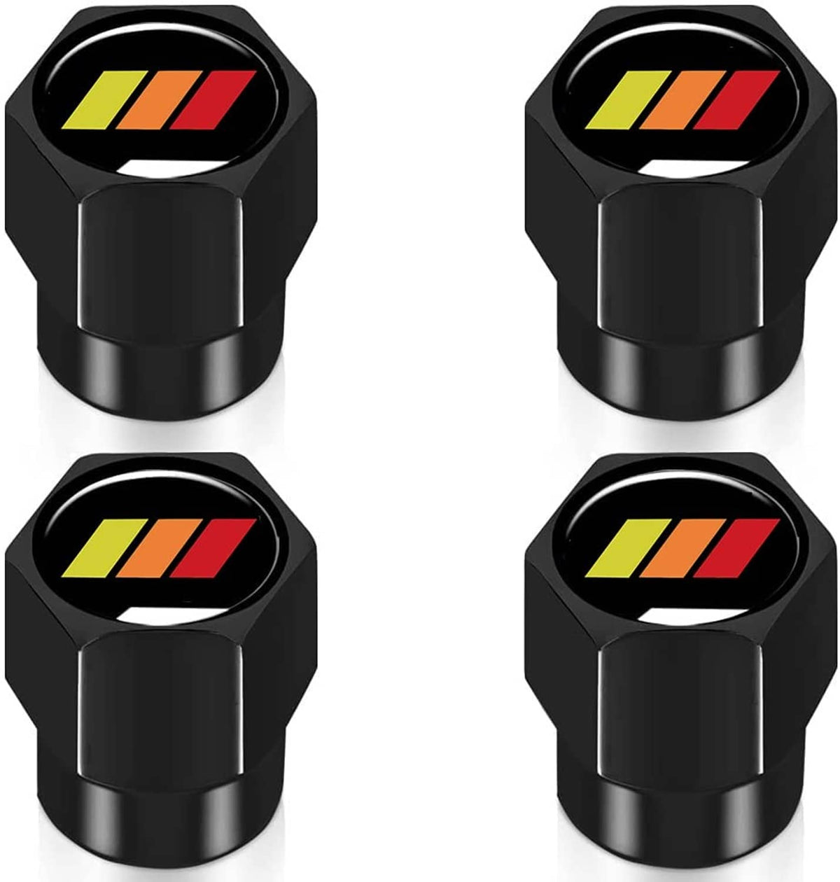 Four-pack black alloy tire valve caps with colorful tricolor stripe insets