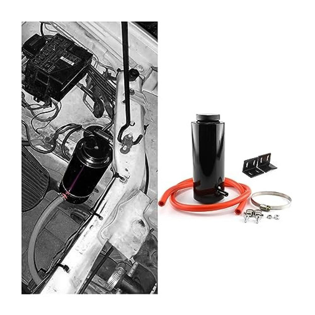 Black coolant overflow bottle kit with red hose, metal clamps, and bracket for mounting