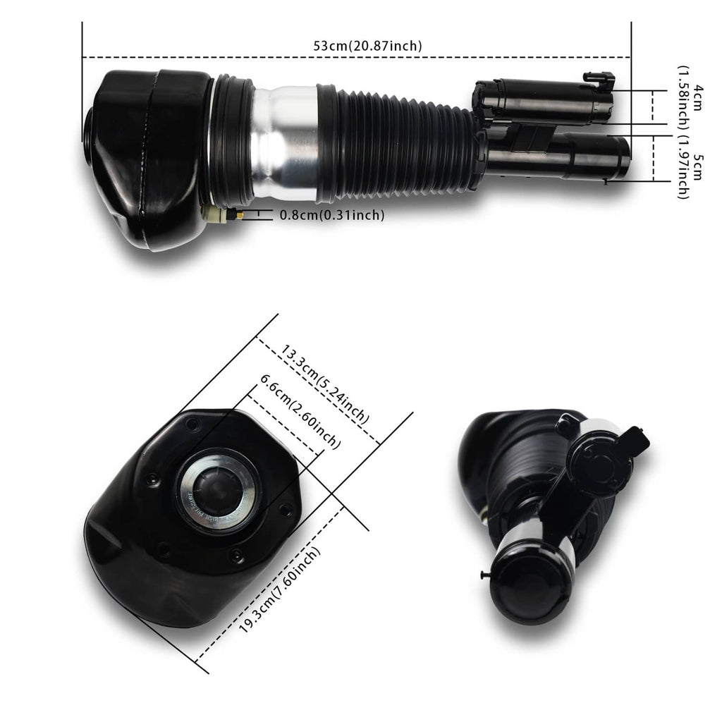 Air suspension strut pair, black top mount and ridged bellows with silver shock tube