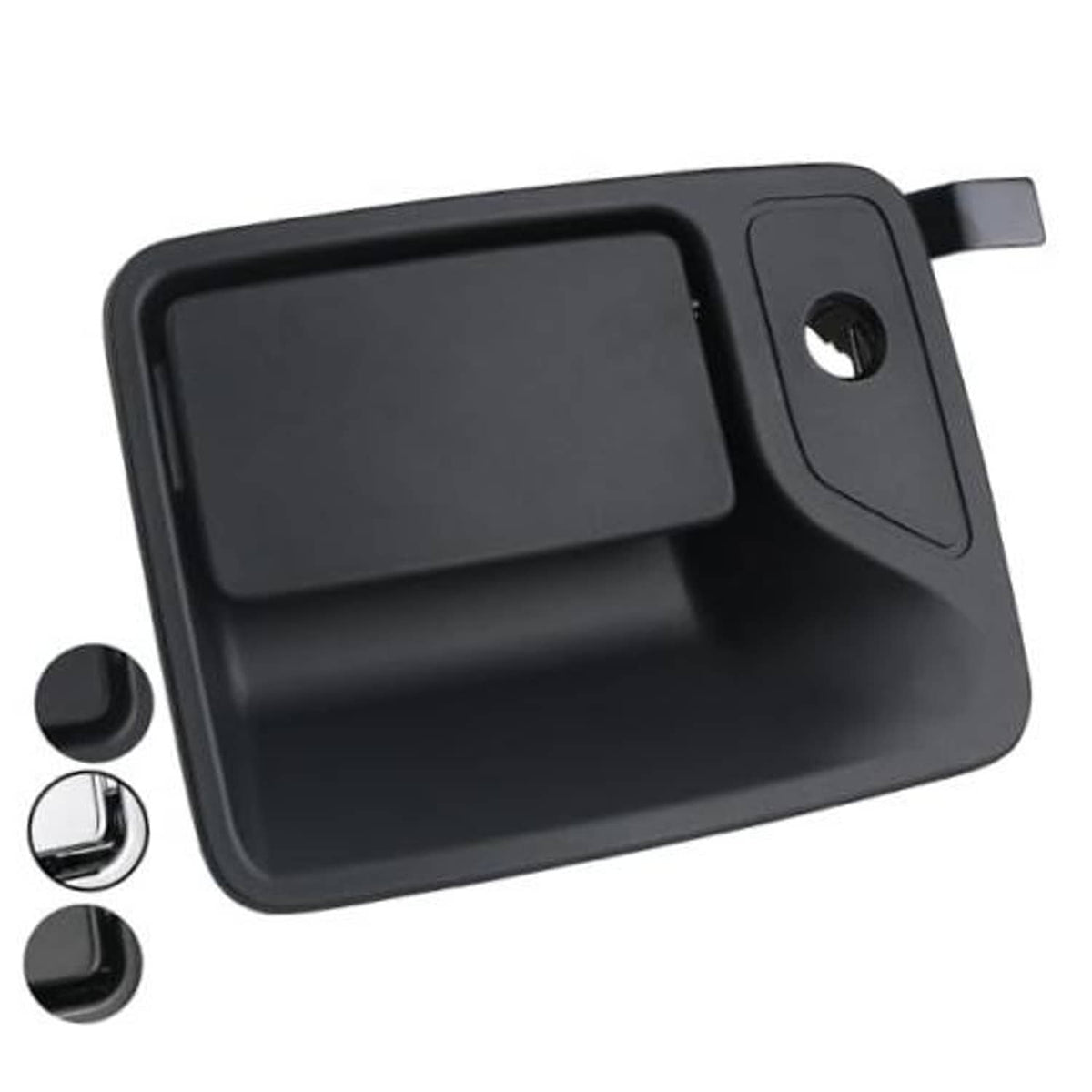 Textured black exterior door handle with recessed grip and round keyhole opening