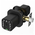 Matte black square door lock with keypad and key cylinder, exterior view