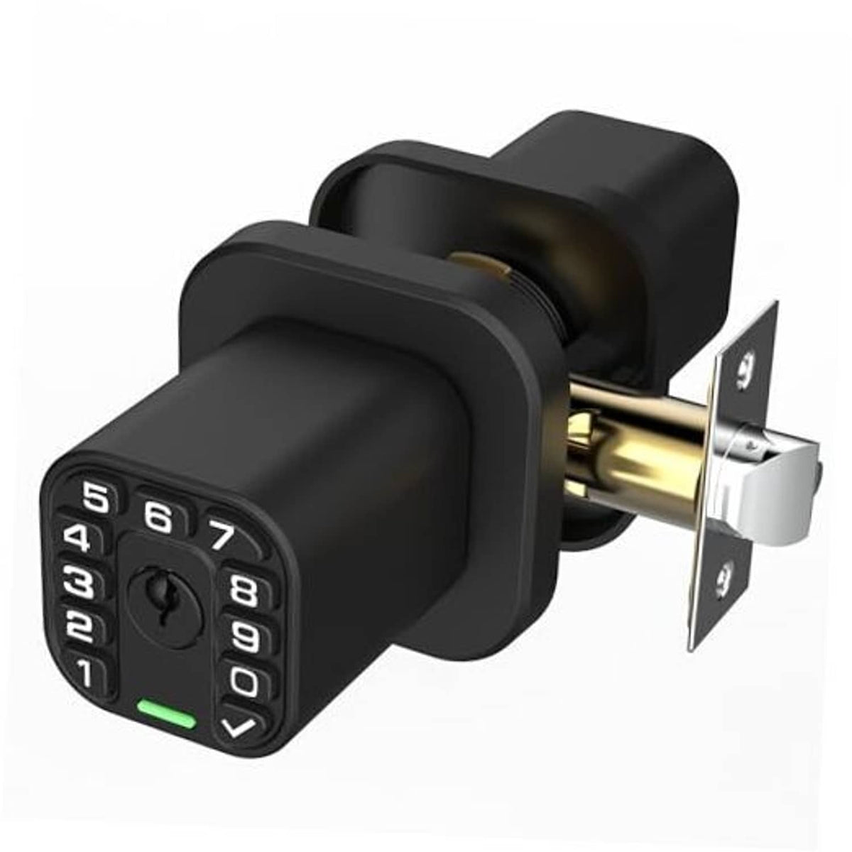 Matte black square door lock with keypad and key cylinder, exterior view