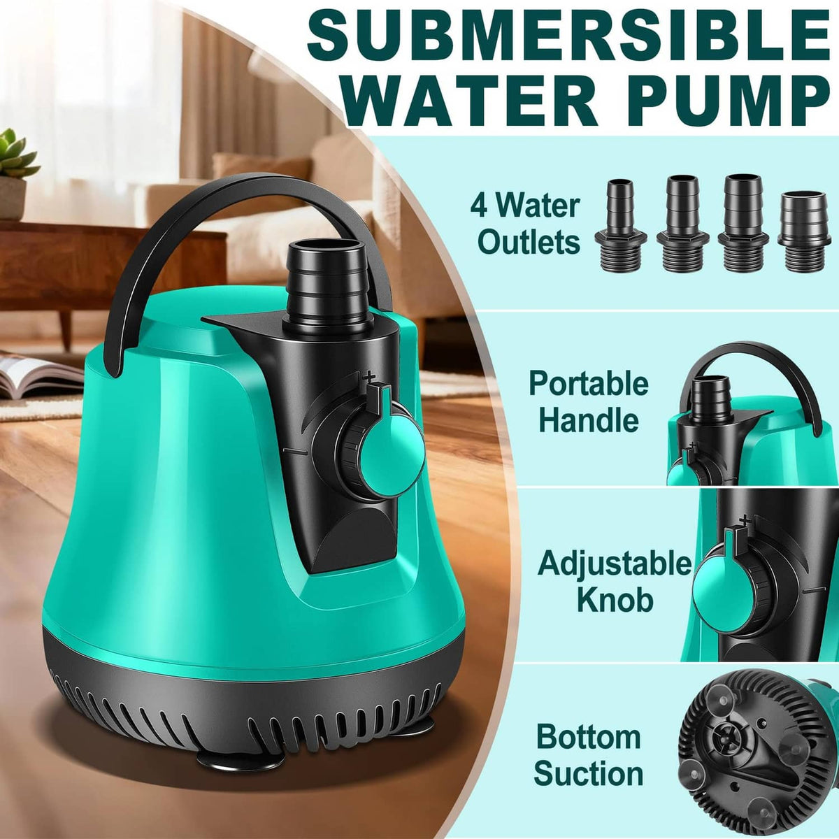 Teal submersible water pump with adjustable knob, bottom suction, and four outlet ports