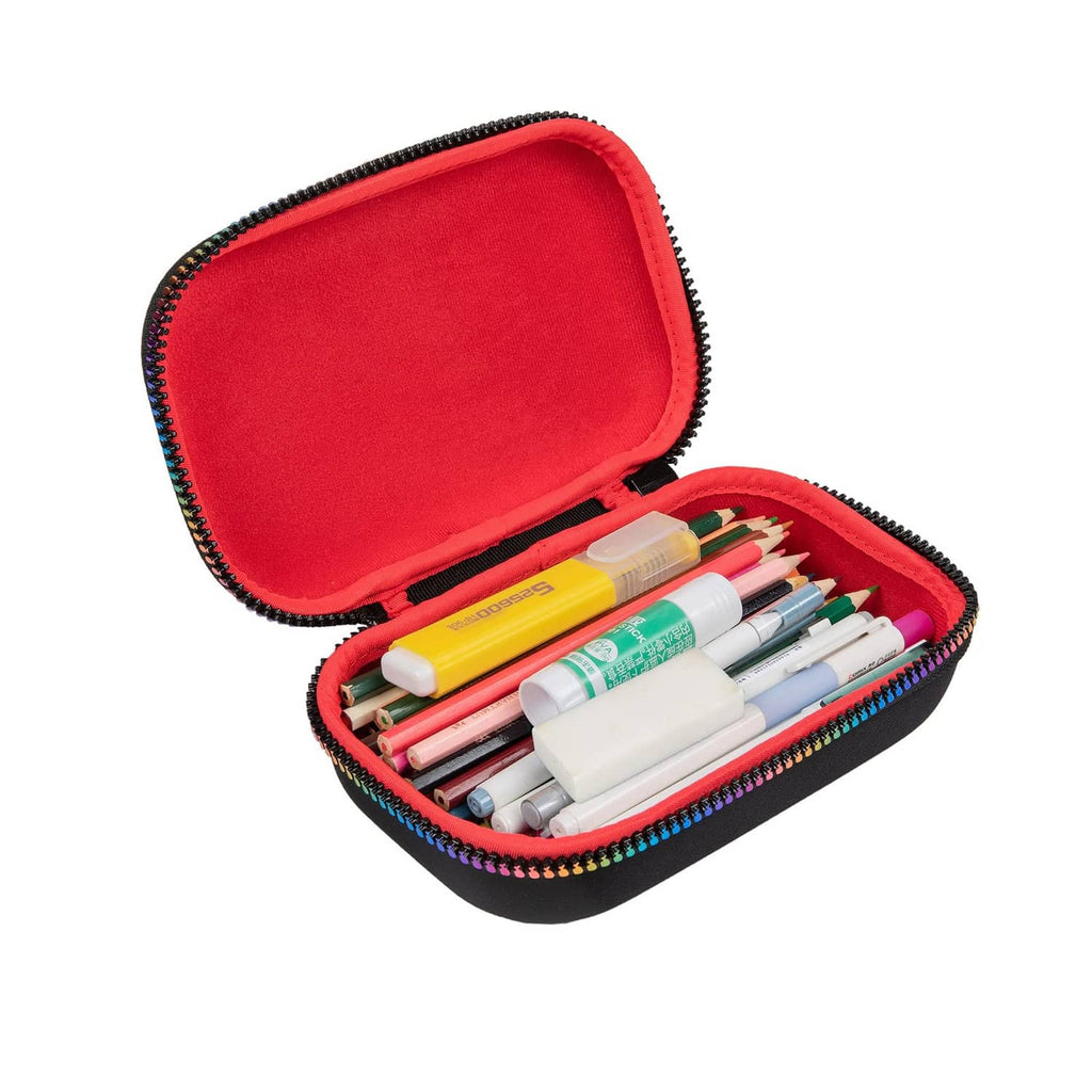 Black pencil case open to red interior, holding assorted crayons and markers.