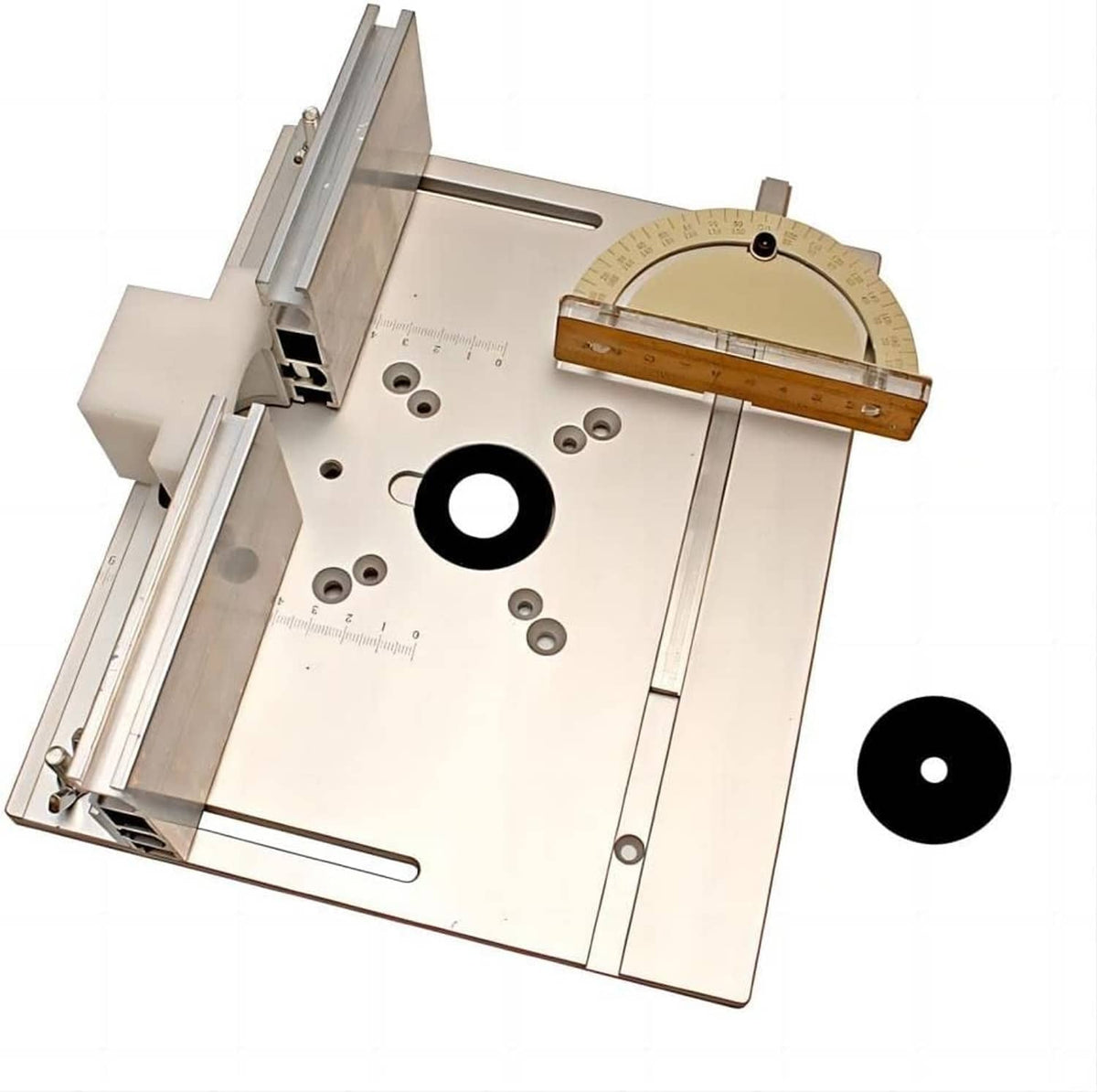 Aluminum router table insert plate showing black insert ring and mounting holes