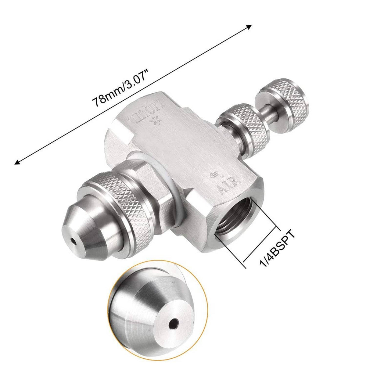Metal air atomizing nozzle with 1/4BSPT fitting, shown with dimensions