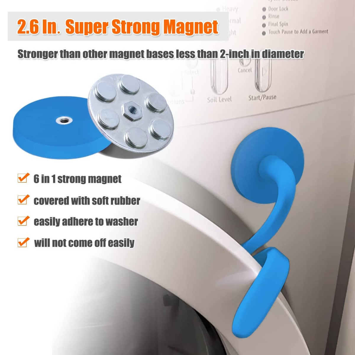 Blue 2.6 in magnetic washer door prop with large round base and wrapped rubber cover.