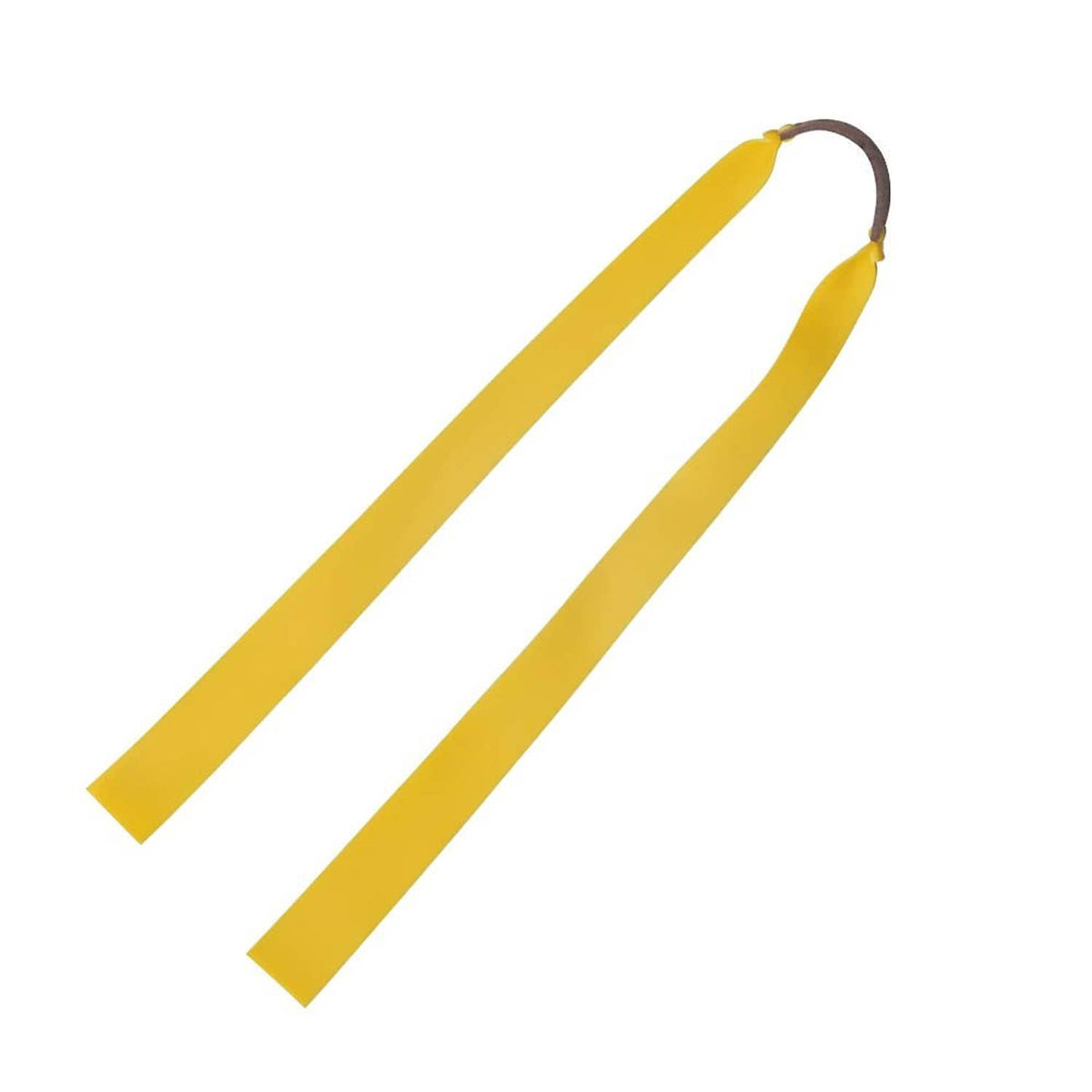 Pair of yellow flat slingshot rubber bands with brown connector loop