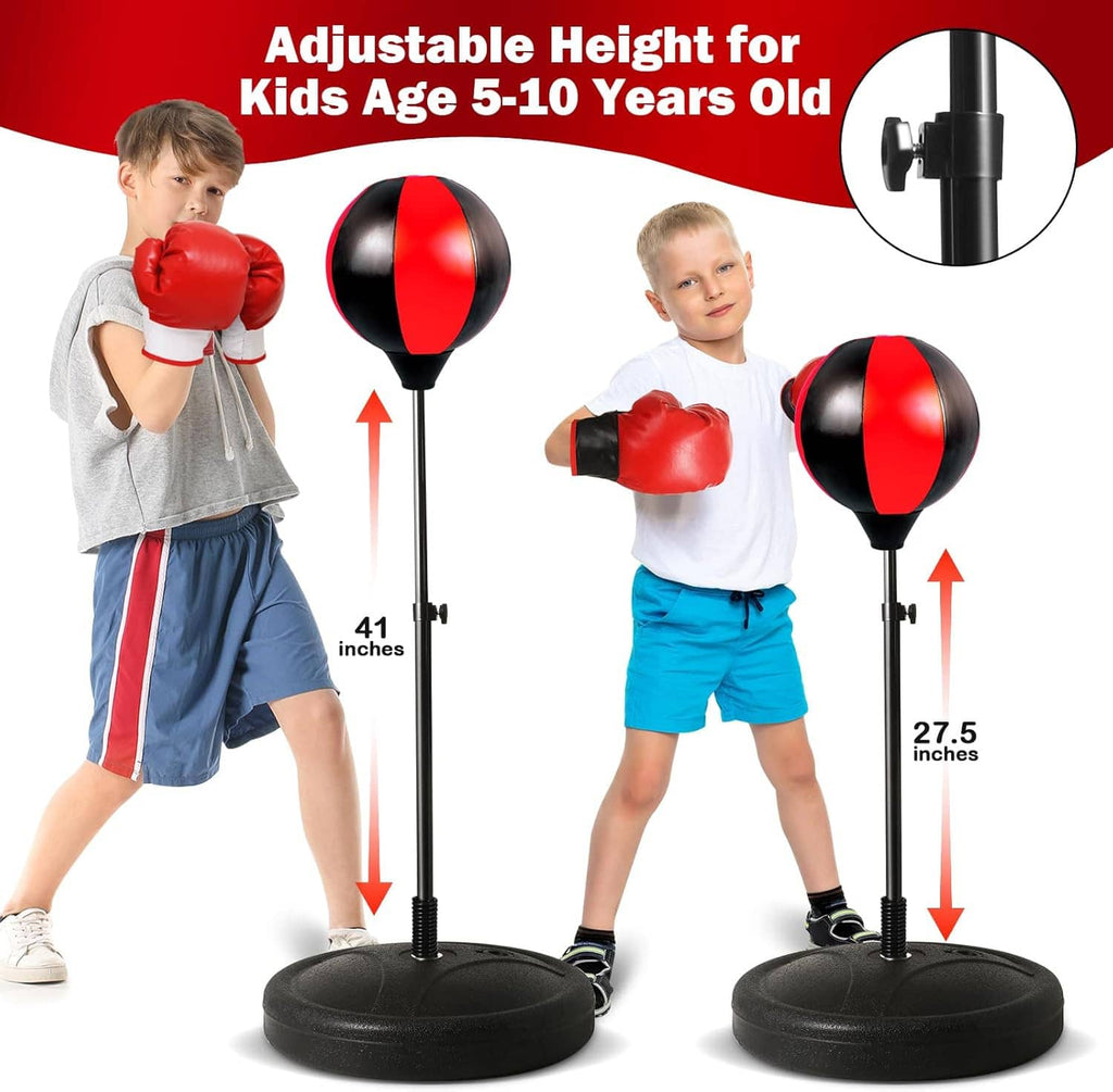 Adjustable height kids reflex punching bag with red gloves and black spring base