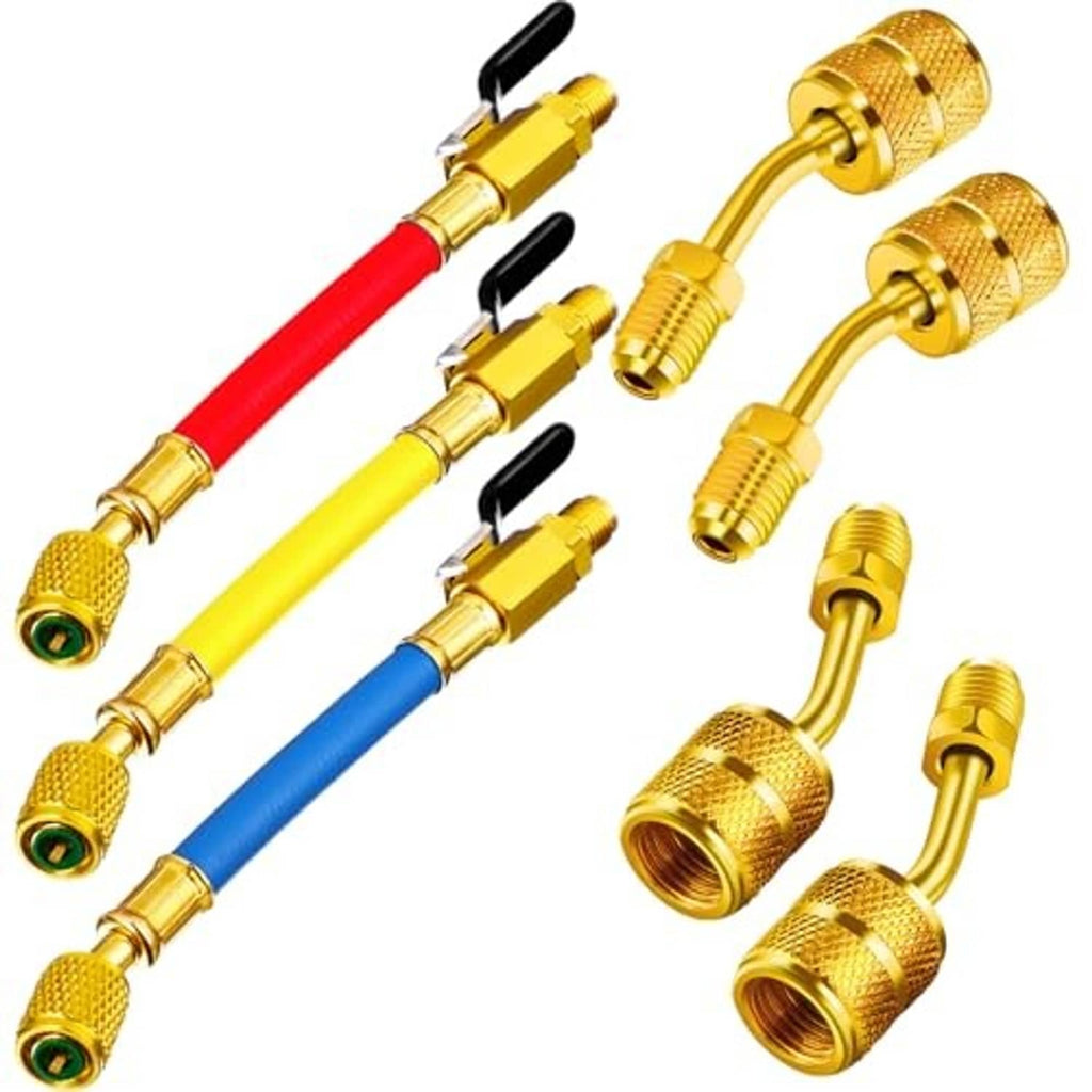 Brass refrigeration hose adapters set with red, yellow, blue lines and shutoff handles