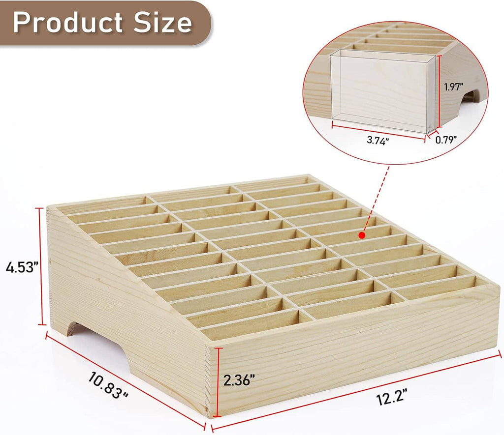 Wood desktop cell phone holder with 36-grid compartments and size measurements
