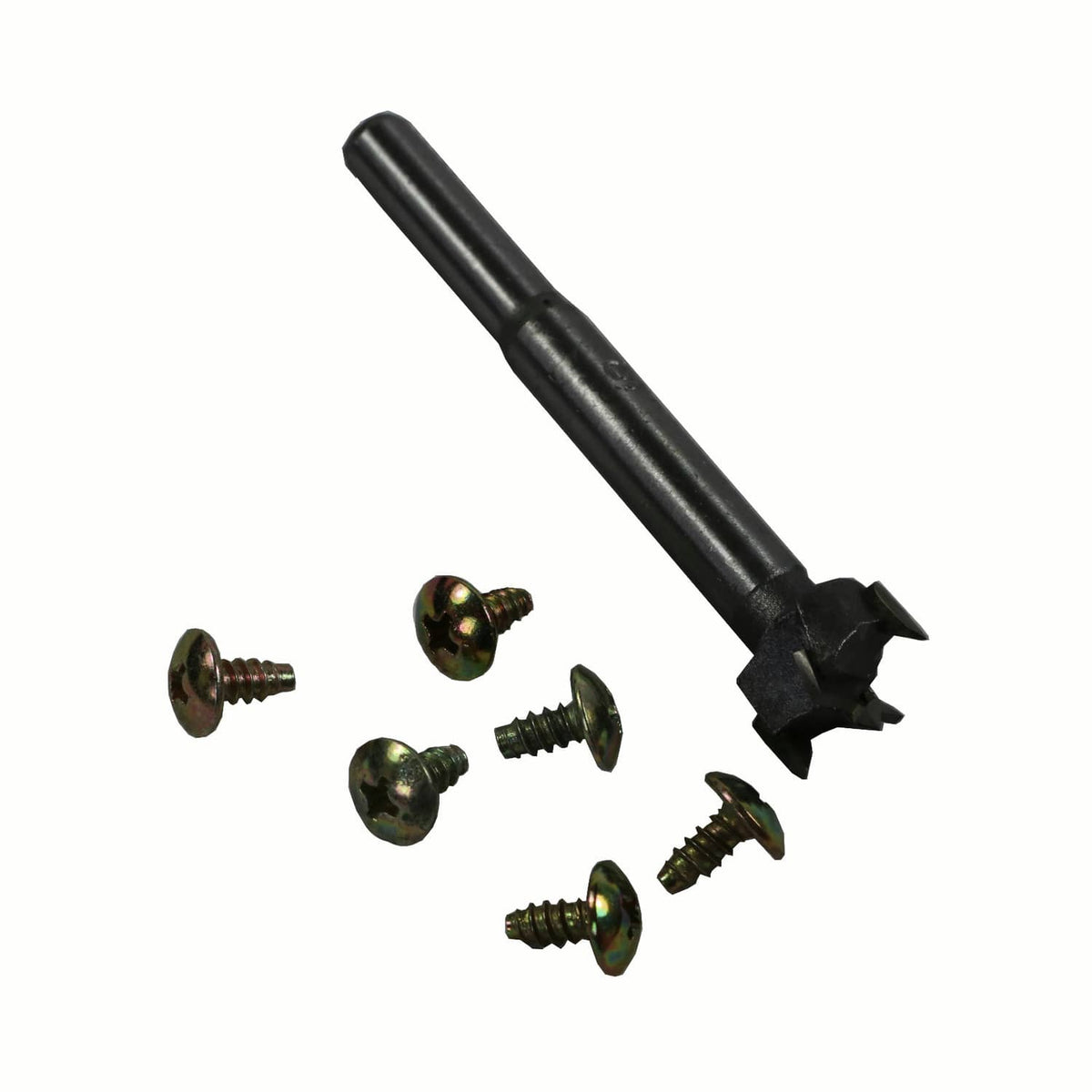Door handle repair pin with screws, black rod and green-gold screw heads