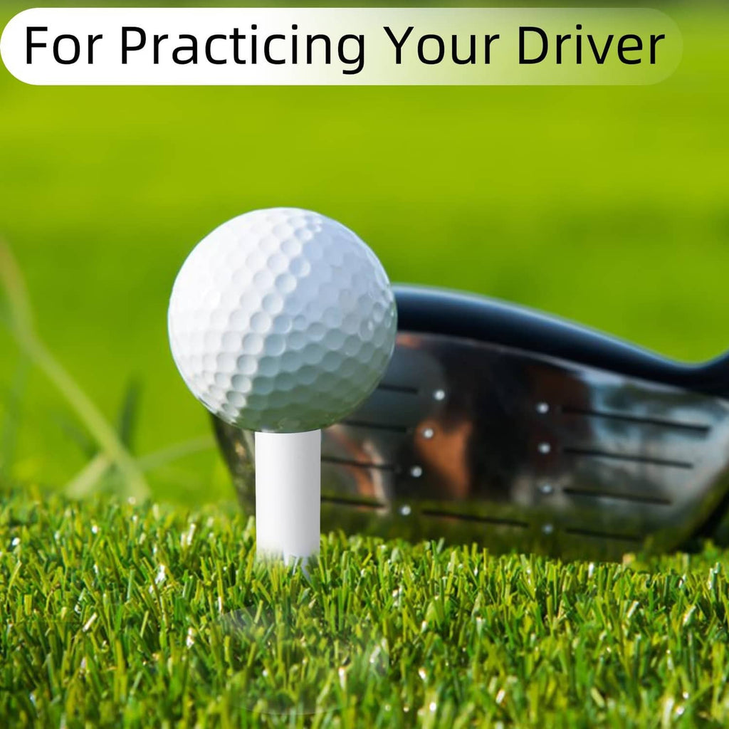 White rubber golf tee with golf ball in front of a driver on grass