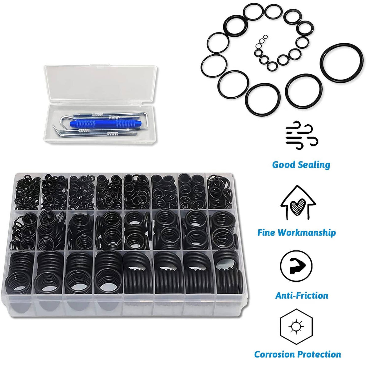 Black O-ring assortment with storage case, loose rings, and pick tool