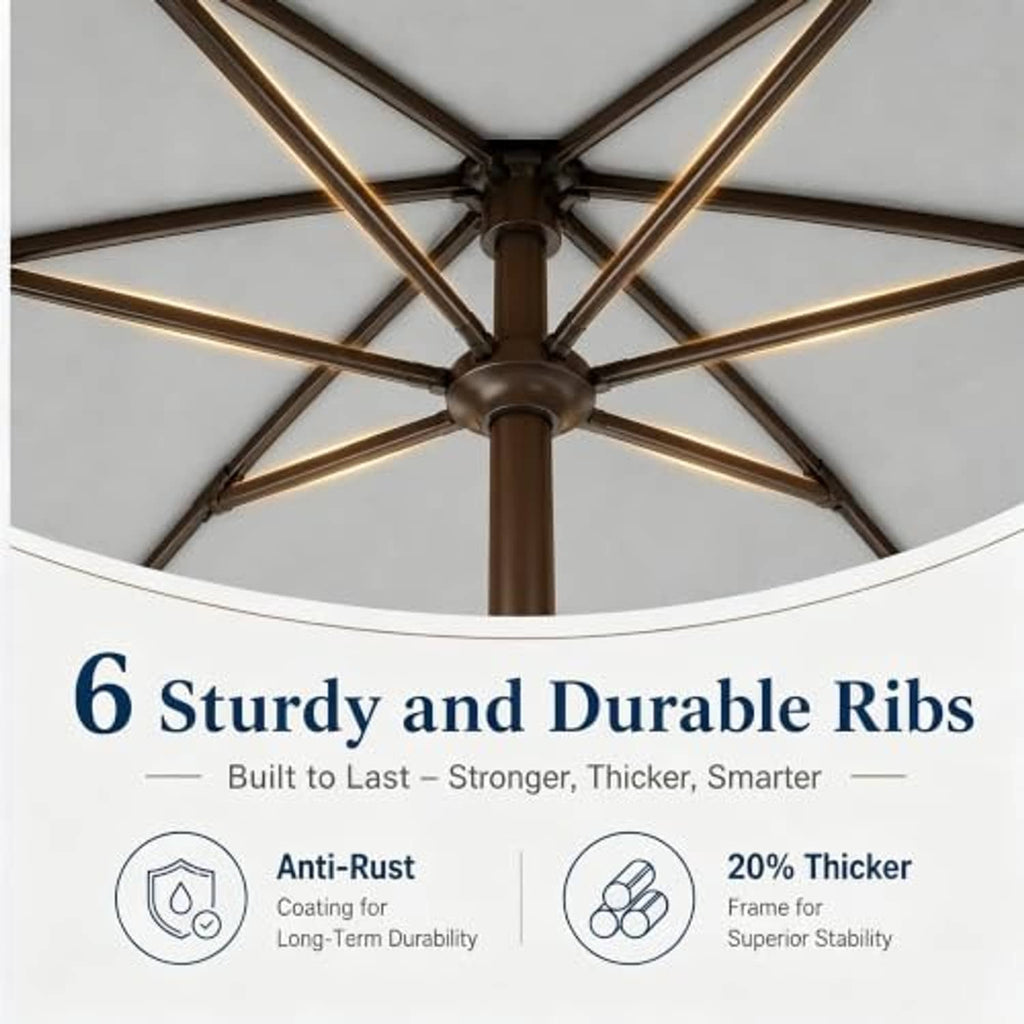Patio umbrella top hub with cross ribs and central pole, light gray canopy