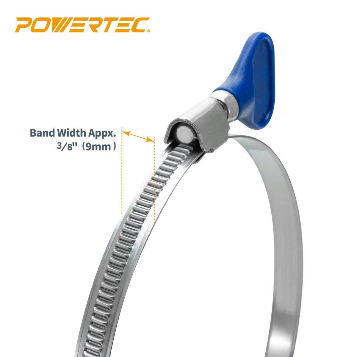 Blue key hose clamp showing 3/8 in band width and serrated steel band.