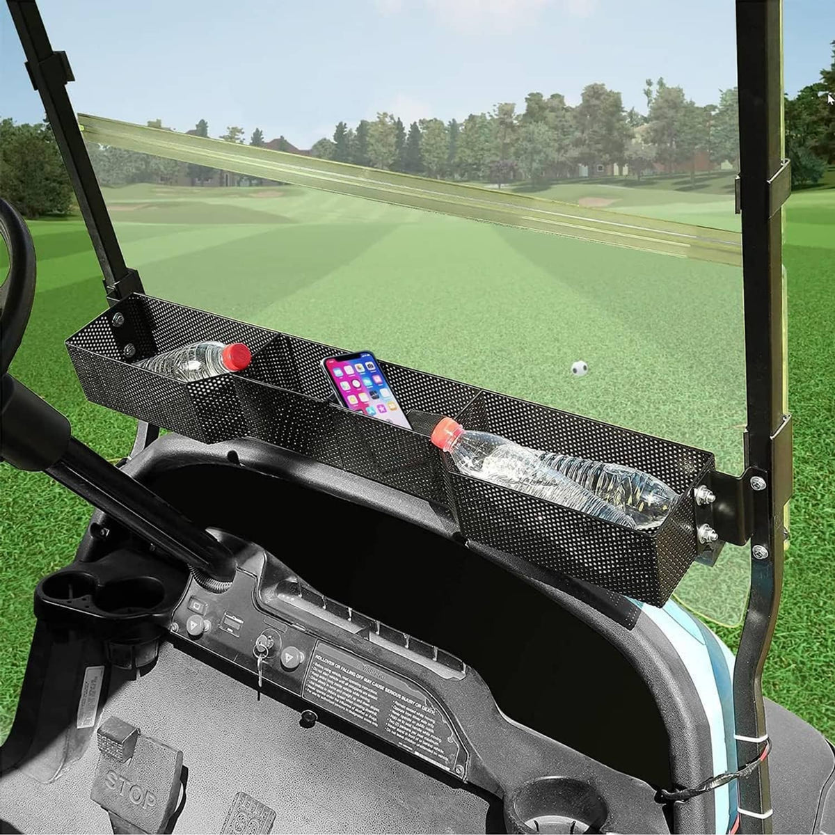 Front inner basket organizer mounted on golf cart dash area, dark perforated mesh