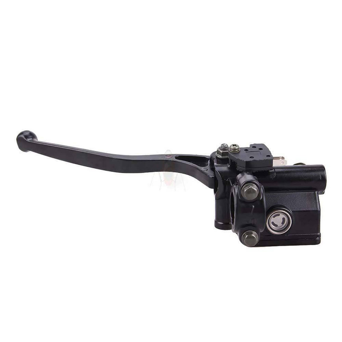 Black brake master cylinder with curved lever and compact mounting block