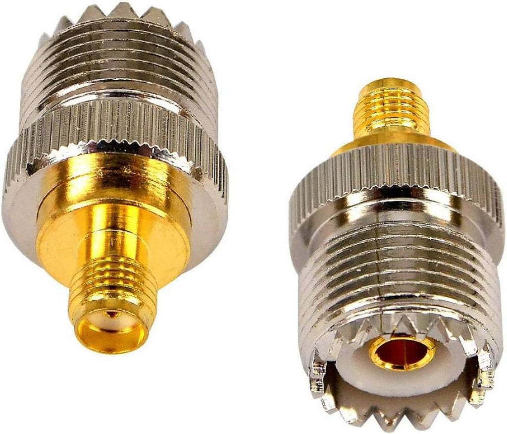 Coax adapter with gold center socket and silver threaded housings